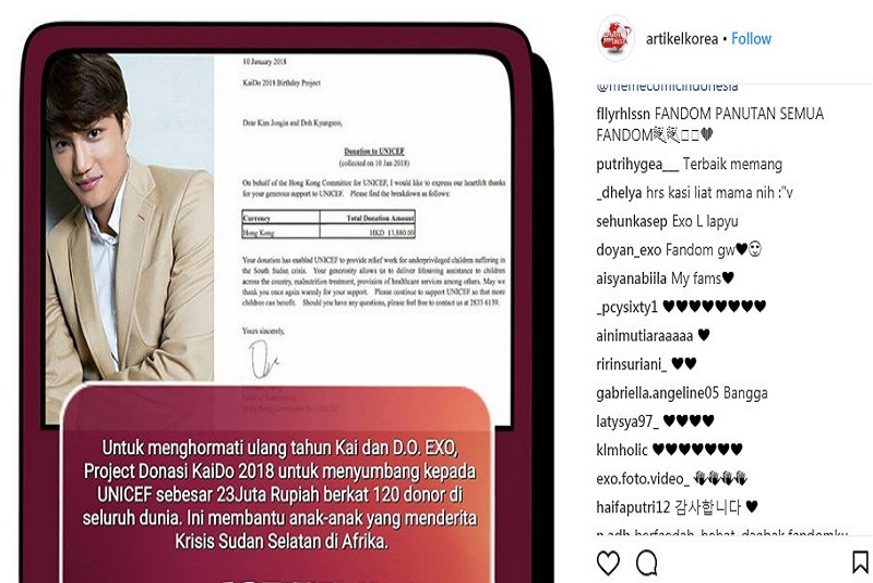 Projek Donasi Kai D.O,Perayaan Ulang Tahun Kai & D.O. EXO dengan menyumbang UNICEF